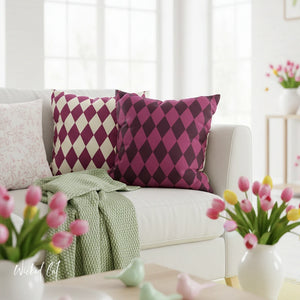 throw pillow with 'Pink & Ivory Harlequin Reversible Cover' design