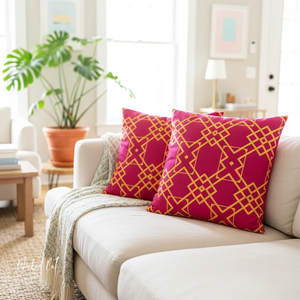throw pillow with 'Pink & Yellow Geometric Cover' design