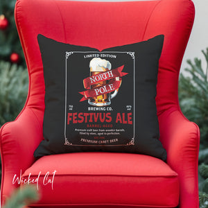 throw pillow with 'North Pole Brewery Christmas' design