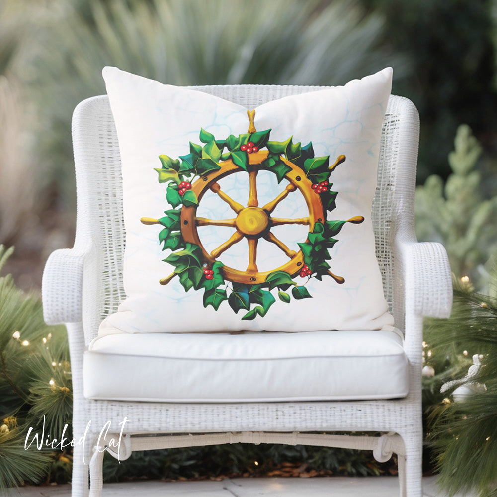 Nautical Wreath Coastal Christmas Indoor Outdoor Pillow