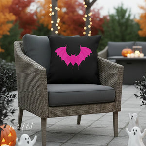 throw pillow with 'Black & Pink Bat Halloween' design