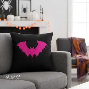 throw pillow with 'Black & Pink Bat Halloween' design