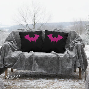 throw pillow with 'Black & Pink Bat Halloween' design