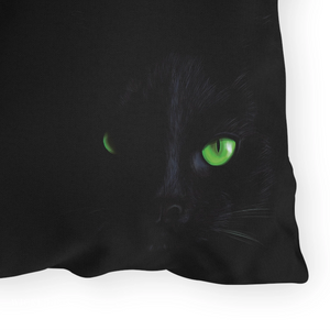 Close up of a black cat on the corner of a pillow