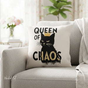 throw pillow with 'Queen of Chaos' design