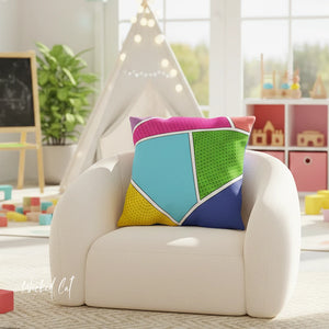Colorful geometric pillow on a white chair in a child-friendly room with toys and plants.