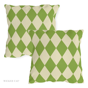 Two green and beige checkered pillows on a white background with 'Wicked Cat' branding.