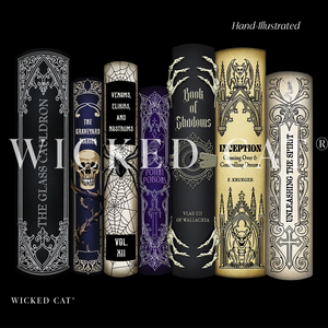 Six decorative book spines arranged upright against a black background, featuring gothic and horror-themed designs with cream, black, purple, and blue tones. Large translucent text across the center reads 'Wicked', and smaller text at the top right says 'Hand-Illustrated' and at the bottom left says 'Wicked Cat'.