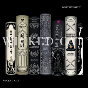 Six illustrated book spines arranged side by side on a black background, with the text 'Hand-Illustrated' at top right and 'Wicked Cat' at bottom left. The books feature gothic horror-themed covers in cream, black, gray, and white with ornate typography and illustrated details.