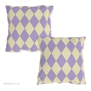 Two purple and beige checkered pillows on a white background with 'Wicked Cat' branding.