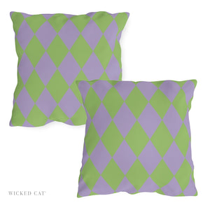 Two green and purple patterned pillows on a white background
