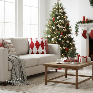 Living room decorated for Christmas with a tree, stockings, and presents.