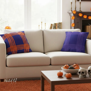 throw pillow with 'Reversible Purple & Orange' design