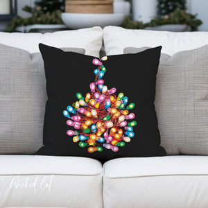 throw pillow with 'Tangled Lights Funny Christmas' design