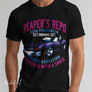 Person wearing a dark gray t-shirt with 'Grim Reaper's Repo Funny Halloween' design on a plain background