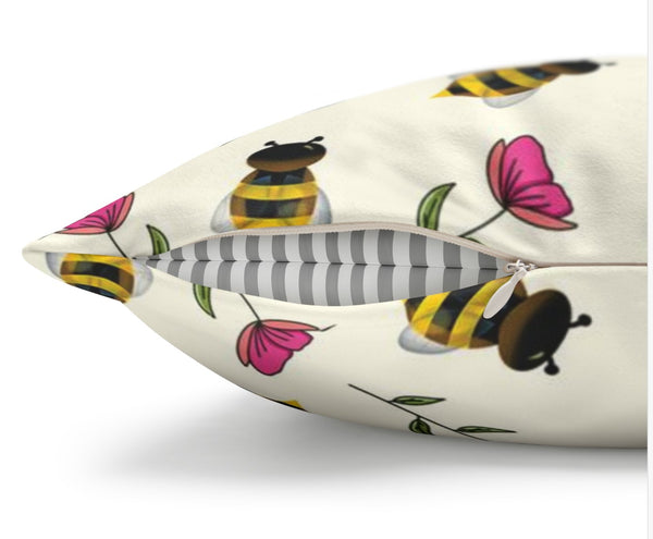 Floral Bees Spring Decor Soft Pillow Cover