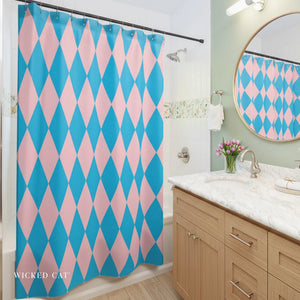 Harlequin Pink Blue Bath Shower Curtain