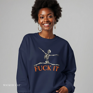 Person wearing a navy sweatshirt with a skeleton design and text, on a plain background