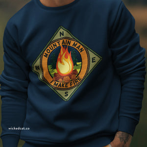 Person wearing a yellow sweatshirt with 'Mountain Man Men's Funny Camping' design on a plain background