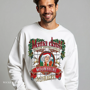 Man wearing a white sweatshirt with a colorful graphic design featuring 'Mama Claus' and 'Moonshine Distillery'.
