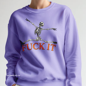 Purple sweatshirt with a skeleton design and 'FUCK IT' text on a plain background