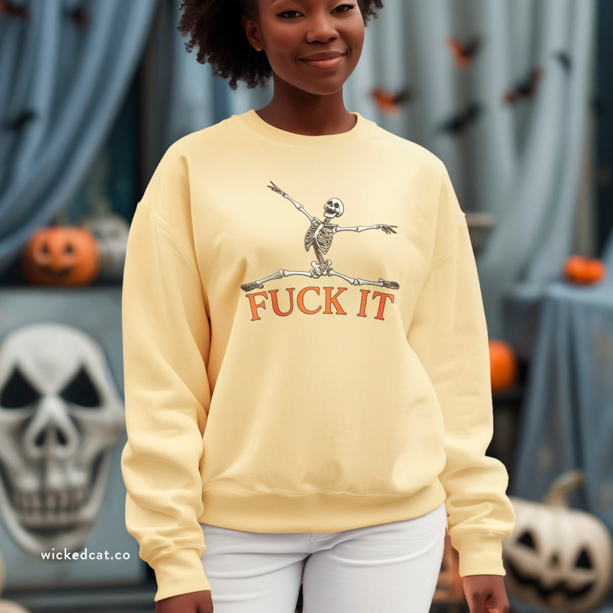 Purple Halloween sweatshirt with a skeleton and 'F*ck It' text on a white background