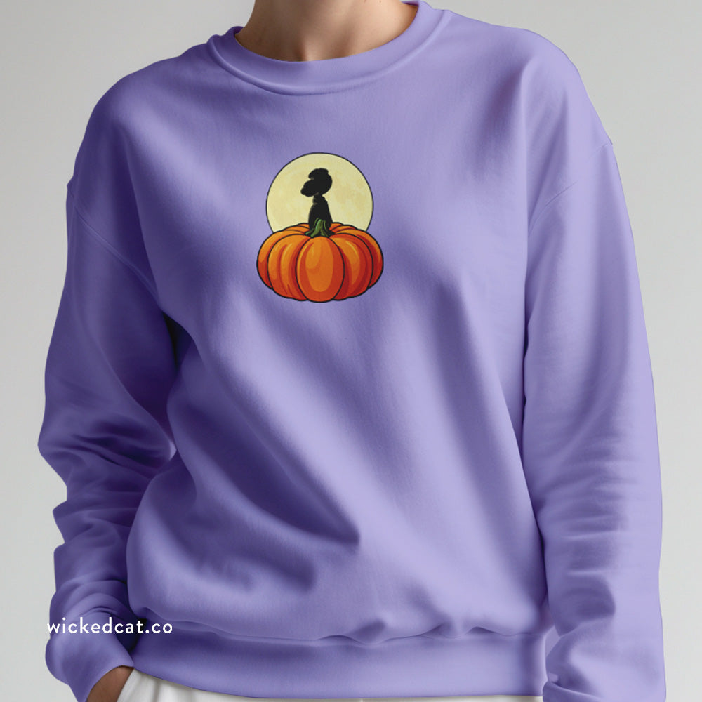 Purple sweatshirt with the great pumpkin and snoopy graphic on a white background