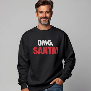 Man wearing a black sweatshirt with red and white embroidered text 'Omg, Santa!'