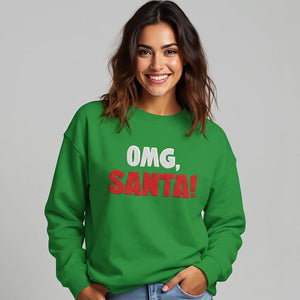 Woman wearing a green sweatshirt with red and white embroidered text 'Omg, Santa!'