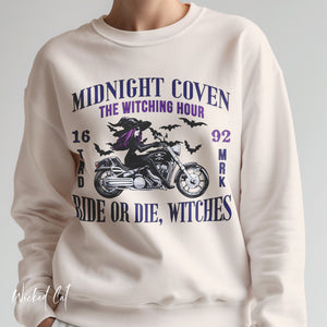 Crimson sweatshirt with 'Ride or Die Witches Halloween' design on a plain background