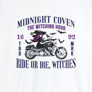 Yellow sweatshirt with 'Ride or Die Witches Halloween' design on a plain background