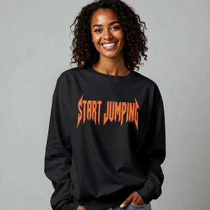Woman wearing a black sweatshirt that says Start Jumping