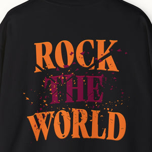 Close up of  a black sweatshirt that says Rock the World