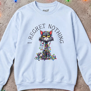 Blue sweatshirt with a graphic of a cat tangled in Christmas lights and text the says 'I Regret Nothing'.