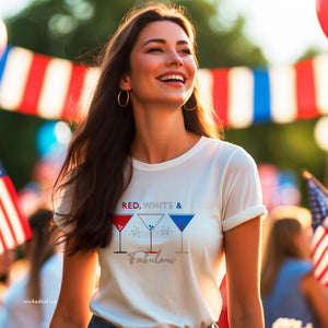 Light blue t-shirt with 'Red White and Fabulous Patriotic Martini July 4th' design on a white background