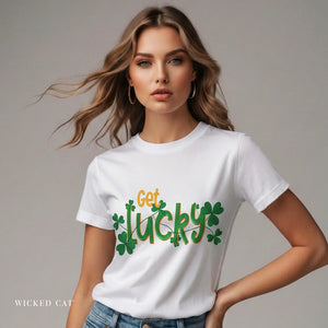 Woman wearing a white t-shirt with 'Get Lucky' text and clover design on a plain background
