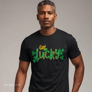Person wearing a Dark Grey t-shirt with 'Get Lucky Funny St. Patrick's Party' design on a plain background