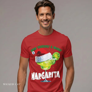 Man wearing a red t-shirt with a Christmas margarita graphic and text.
