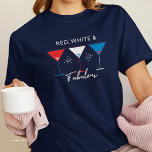 Dark grey t-shirt with 'Red White and Fabulous Patriotic Martini July 4th' design on a white background