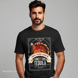 Man wearing a black t-shirt with 'Turkey Time Tequila' design on a gray background