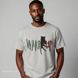 Man wearing a t-shirt with 'Wake Up' design on a plain background