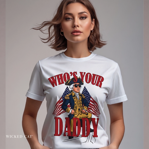 Woman wearing a white July 4th funny t-shirt with a graphic design and text, on a plain background.