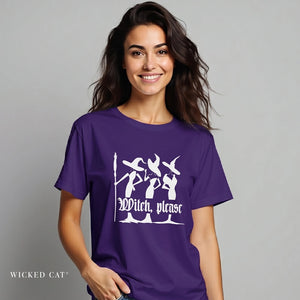 Woman wearing a purple t-shirt with white graphic design and text Witch Please on a gray background