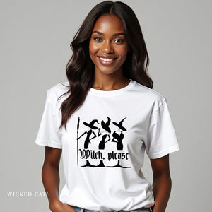Woman wearing a white t-shirt with black graphic design and text on a gray background