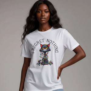 woman wearing white t-shirt with a cartoon cat tangled in Christmas lights with text at the top that says I Regret Nothing