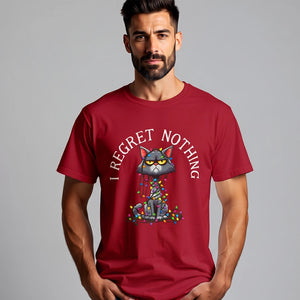 Man wearing a red t-shirt with a cartoon cat tangled in Christmas lights with text at the top that says I Regret Nothing