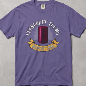 Purple t-shirt with holiday graphic of canned cranberry and text Cranberry Farms Organically Grown 