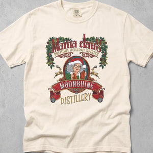 Ivory t-shirt with festive holiday graphic for Mama Claus Premium Holiday Spirits Moonshine Distillery
