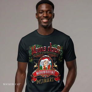Man wearing a black t-shirt with a festive design of a woman in a Santa hat and reindeer.