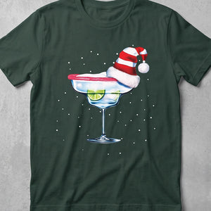 Green t-shirt with festive graphic of a margarita glass with a santa hat on top